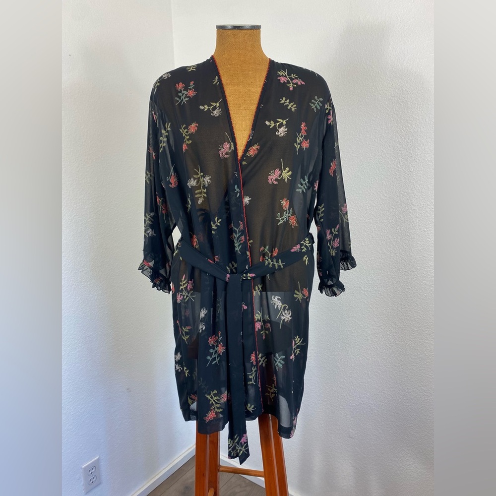 Vintage Josie Natori Women’s Intimates Small Sheer Floral Robe Ruffle Sleeve EUC
